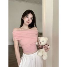 批发一字肩T恤新款修身设计感短袖一字领<b class='q'>上衣</b>