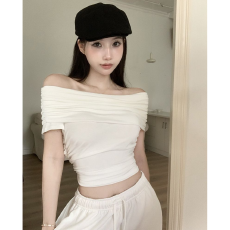 批发一字肩T恤新款修身设计感短袖一字领<b class='q'>上衣</b>