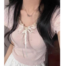 批发女夏季韩版甜美蝴蝶结蕾丝边修身<b class='q'>上衣</b>