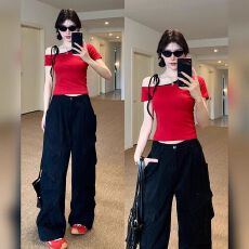 批发辣妹斜肩短袖t恤女夏修身显瘦绑带露肩短款<b class='q'>上衣</b>