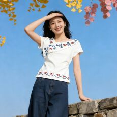 批发新中式斜肩<b class='q'>花朵</b>刺绣短袖T恤