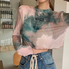 批发短款露脐扎染网纱t恤女2026夏季辣妹设计感小众高腰修身上衣罩衫