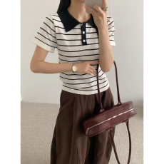 2026夏季韩版新款百搭学院风条纹针织短袖甜美减龄上衣女