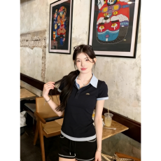 美式辣妹夏季收腰修身显瘦短款撞色上衣