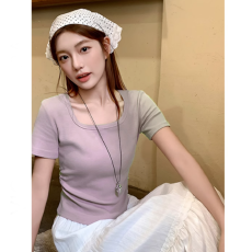 夏季新款修身褶皱收腰显瘦短款打底上衣ins潮