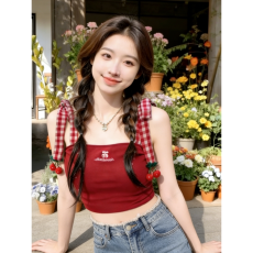 批发辣妹樱桃格<b class='q'>子</b>绑带吊带小背心夏季新款