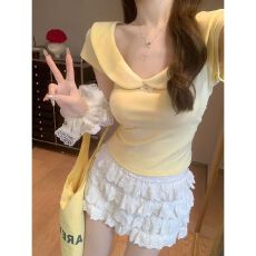 批发纯欲风<b class='q'>娃娃领</b>短袖<b class='q'>T</b><b class='q'>恤</b>修身正肩上衣女