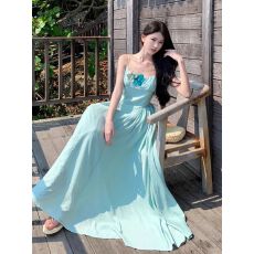 批发法式绝美吊带收腰长裙到脚踝超<b class='q'>长款</b>海边度假气质连衣裙夏季大摆裙