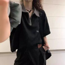 批发半拉链POLO衫短袖男夏季衬衫美式重磅衣服潮牌潮流高街t恤女