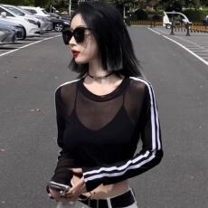 批发纯欲辣妹微透网纱上衣女防晒t恤夏新款<b class='q'>空调</b>房长袖罩<b class='q'>衫</b>