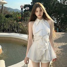 批发荷叶边无袖<b class='q'>衬衫</b>上衣女夏法式气质中长款收腰<b class='q'>修身</b><b class='q'>衬衣</b>