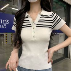 批发韩系<b class='q'>条纹</b>半开领白色短袖t恤女夏季新款设计感小众<b class='q'>针织</b>衫短款上衣