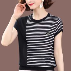 批发时尚<b class='q'>妈妈</b>装夏季新款冰丝针织衫薄款条纹短袖宽松港风飞机袖上衣潮