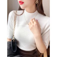 批发短袖针织衫女夏季薄款半高领洋气内搭打底衫<b class='q'>修身</b>显瘦半袖针织上衣