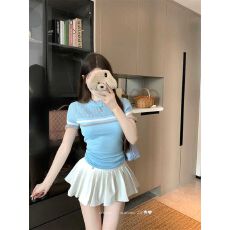 批发老钱风设计感小众收腰显瘦针织衫女短袖半透明<b class='q'>修身</b>内搭甜辣妹上衣