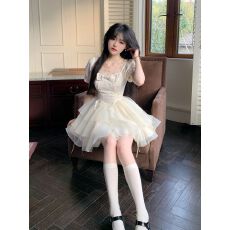 批发夏季2026蝴蝶结提花<b class='q'>欧根纱</b>仙女感连衣裙女在逃公主蓬蓬短裙子