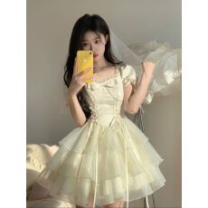 批发夏季2026蝴蝶结提花<b class='q'>欧根纱</b>仙女感连衣裙女在逃公主蓬蓬短裙子