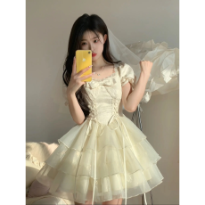 批发夏季2026蝴蝶结提花<b class='q'>欧根纱</b>仙女感连衣裙女在逃公主蓬蓬短裙子