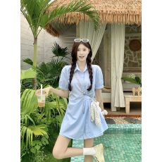 批发夏季新款韩系时尚<b class='q'>气质</b>POIO领短袖连衣裙高腰休闲短<b class='q'>裤</b>时尚套<b class='q'>装</b>