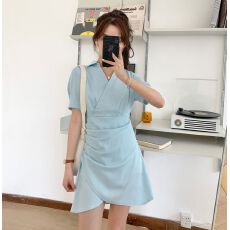 批发法式心机裙子设计感气质显瘦高腰白色<b class='q'>连衣裙</b>夏季polo领<b class='q'>衬衫</b>裙A字