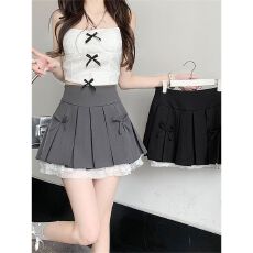 纯欲风蕾丝花边a字半身裙高腰辣妹蝴蝶结百褶短裙