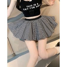 批发辣妹白色花苞裙女<b class='q'>高腰</b>防走光A字裙格子<b class='q'>蓬蓬裙</b>半身裙