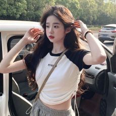批发撞色圆领辣妹上衣时尚<b class='q'>个性</b>女装夏季新款白色抽绳修身短袖<b class='q'>t</b><b class='q'>恤</b>