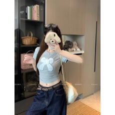 批发立体蝴蝶结刺绣<b class='q'>圆领</b>正肩短袖<b class='q'>t</b><b class='q'>恤</b>女夏季甜辣妹短款上衣
