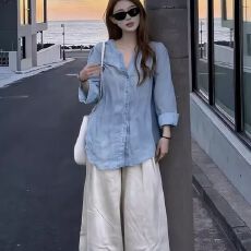 批发老钱风松弛感蓝色亚麻防晒<b class='q'>衬衫</b>女夏轻薄穿搭休闲复古<b class='q'>衬衣</b>苎麻上衣