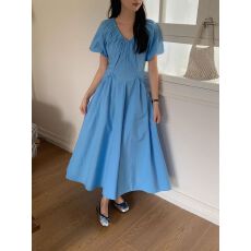 批发同款蓝色泡泡袖V领连衣裙女夏季新款多巴胺收腰显瘦气质<b class='q'>长裙</b>