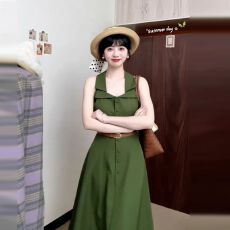 批发斯嘉丽赎罪绿双领收腰<b class='q'>西装</b>料气质高级简约连衣<b class='q'>裙</b>