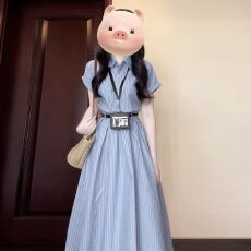批发2026新款法式高级感蓝色<b class='q'>条纹</b>衬衫<b class='q'>连衣裙</b>子女夏季气质收腰polo长裙