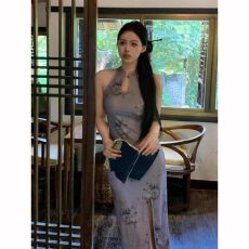 批发小个子150XS夏复古新中式印花镂空改良旗袍收腰显高包臀开叉长裙