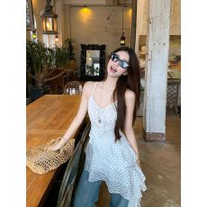 批发雪纺+内里 微胖mm度假风吊带<b class='q'>连衣裙</b>女<b class='q'>荷叶边</b>白色波点裙