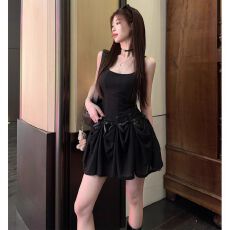 批发法式蓝色吊带连衣裙女夏季蝴蝶结温柔风中<b class='q'>长</b><b class='q'>裙子</b>修身收腰显瘦短裙