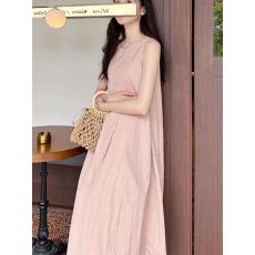 批发法式高级感粉色无袖背心连衣裙女夏海边度假宽松显瘦气质绝美<b class='q'>长裙</b>