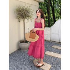 批发2026夏季新款女装度假风火龙果色流苏绑带连衣裙气质大摆<b class='q'>长</b><b class='q'>裙子</b>