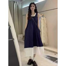 批发蓝色格子无袖连衣裙法式文艺风森系复古小清新度假吊带背心<b class='q'>长</b><b class='q'>裙</b>