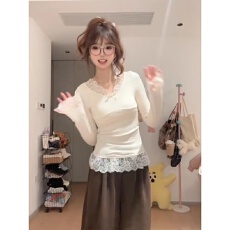 批发【德绒螺纹】纯欲风蝴蝶结设计感长袖<b class='q'>t</b><b class='q'>恤</b>秋蕾丝花边修身内搭上衣