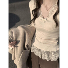 批发【德绒螺纹】纯欲风蕾丝拼接长袖<b class='q'>t</b><b class='q'>恤</b>秋胖mm修身显瘦甜辣内搭上衣