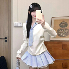 批发【德绒螺纹】条纹绑带海军polo领长袖<b class='q'>T</b><b class='q'>恤</b>学院风收腰短款内搭上衣