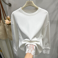 批发【德绒】白色蕾丝拼接花朵长袖卫衣女秋装季新款中长款打底衫上衣