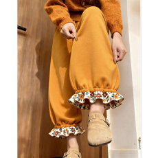 批发【有氨德绒复合真超】黄色灯笼裤花边拼接<b class='q'>女</b>秋冬新款休闲阔腿垂感