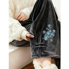 批发【金丝绒复合<b class='q'>贝贝</b>绒】新中式国风刺绣金丝绒时尚休闲加绒盘扣长裤