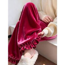 批发胖妹妹金丝绒木耳花边拼接阔腿裤女2026年春季新款保暖直筒裤子