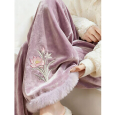 批发【金丝绒复合贝贝绒】新中式国风阔腿裤女<b class='q'>时尚</b>刺绣毛边加绒长裤冬