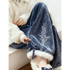 批发【金丝绒复合<b class='q'>贝贝</b>绒】新中式国风刺绣加绒毛边休闲裤女春冬阔腿裤