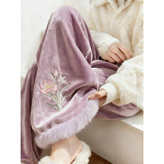 批发【金丝绒复合<b class='q'>贝贝</b>绒】新中式国风阔腿裤气质时尚刺绣毛边加绒长裤