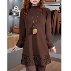 批发1*1罗纹舒绒设计感<b class='q'>蕾丝</b>拼接咖色中长款<b class='q'>打底衫</b>女秋冬新款上衣