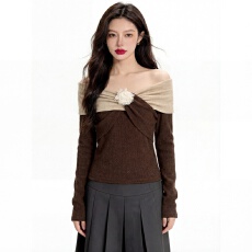 批发【1*1罗纹舒绒】法式复古撞色拼接立体<b class='q'>花朵</b>女修身扭结v领长袖上衣